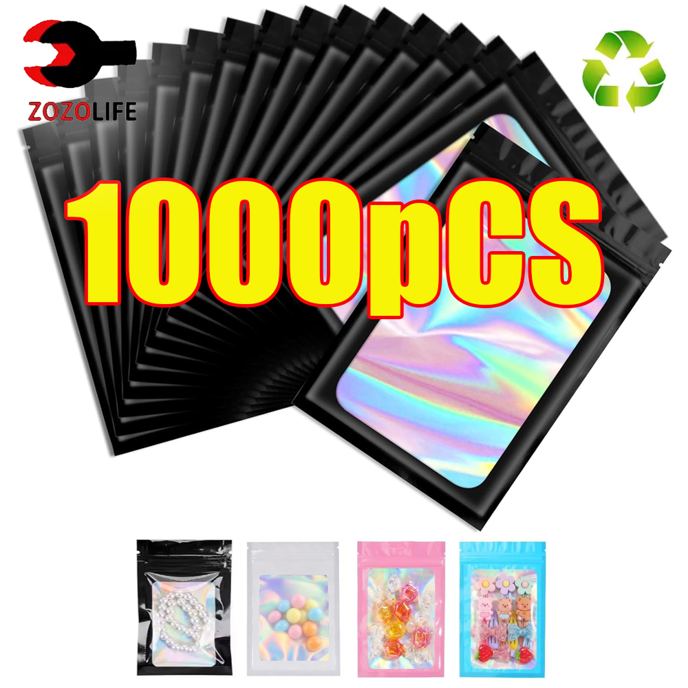 Food Z - 10-1000 Peças Sacos Ziplock Holográficos Pretos